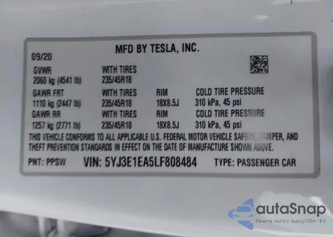 2020 Tesla Model 3 Standard Range Plus Rear-Wheel Drive/Standard Range Rear-Wheel Drive from USA, damaged, VIN 5YJ3E1EA5LF808484